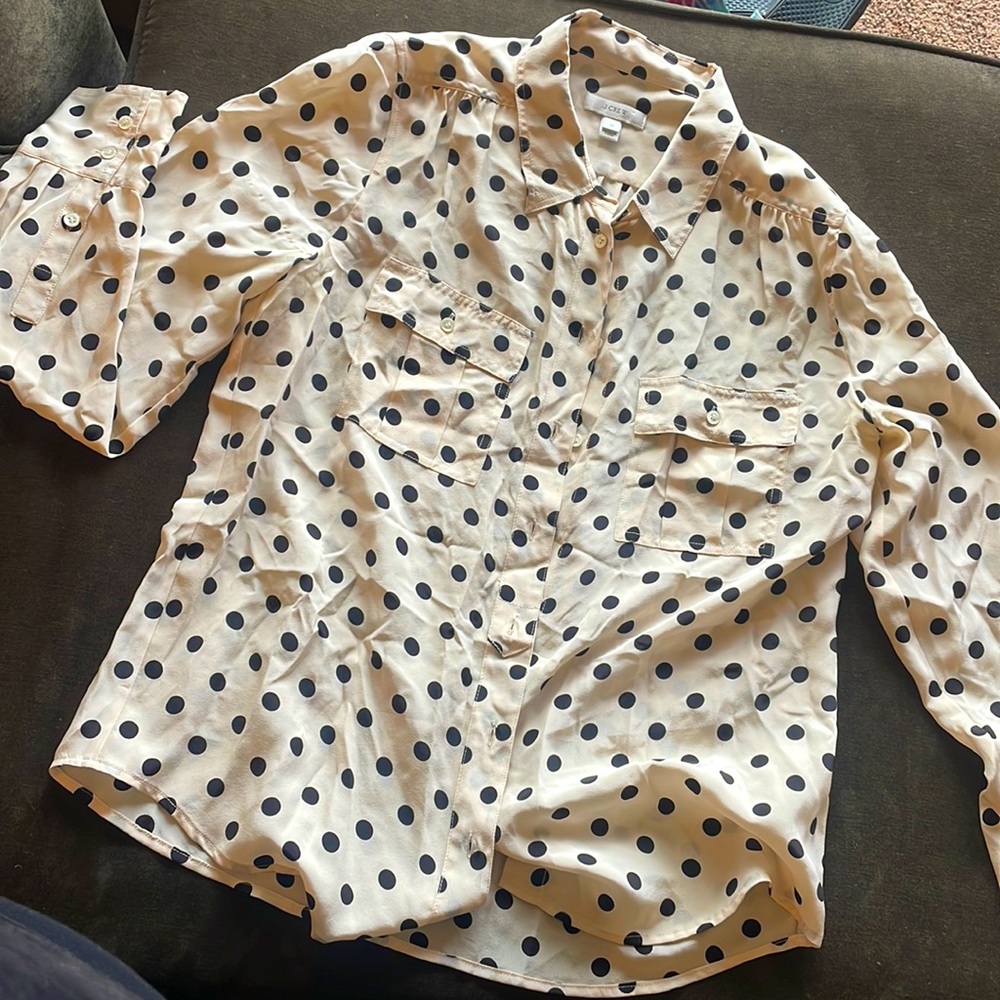 J crew size 10 tan long sleeve blouse with black polka dots